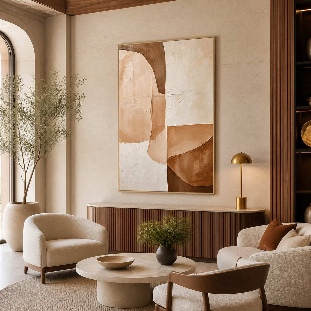Gold-framed curved abstract artwork above a fluted wood console in a warm hotel lounge with cream chairs.