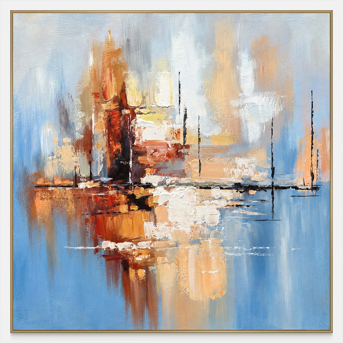 Front view of amber and rust blocks crossing a dark horizontal line on pale blue, with a gold-colored frame.