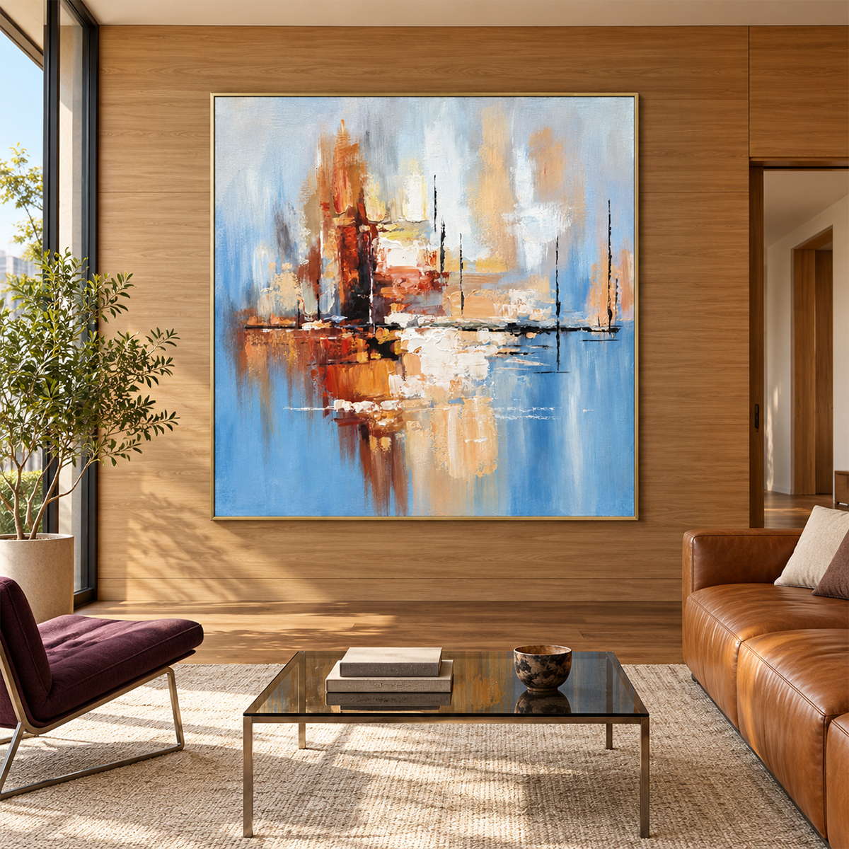 In a living room above seating, an artwork with a gold-colored frame shows amber and rust blocks crossing a dark horizontal line on pale blue.