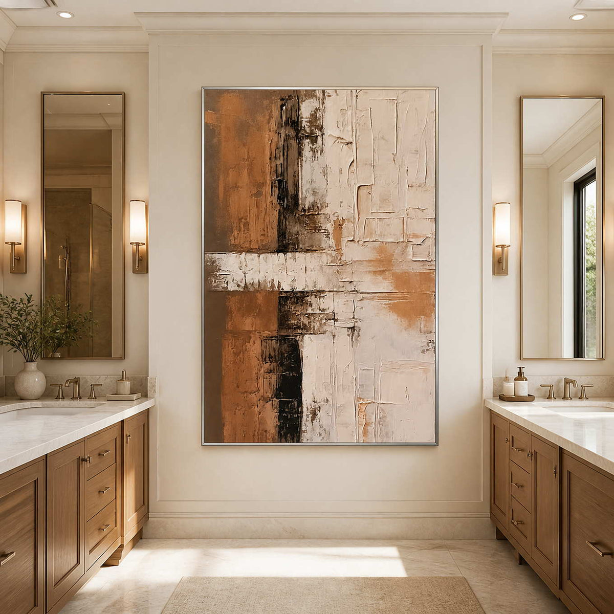 Silver-framed abstract wall art between two vanities in a neutral bathroom.