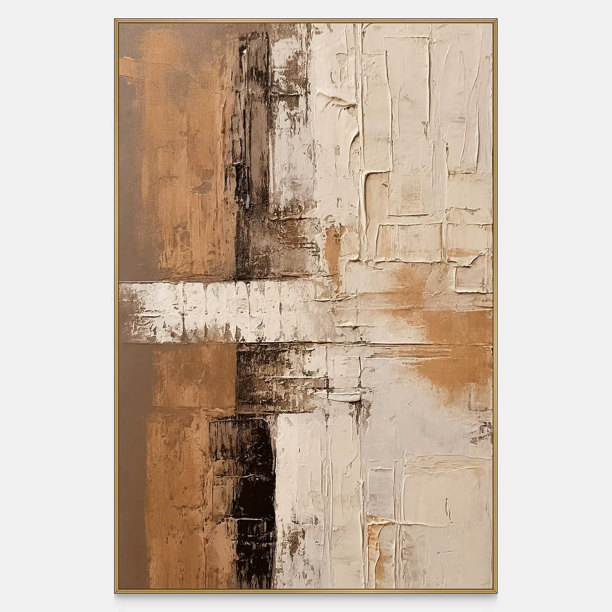 Ochre and cream abstract wall art with dark marks and a pale crossing band.