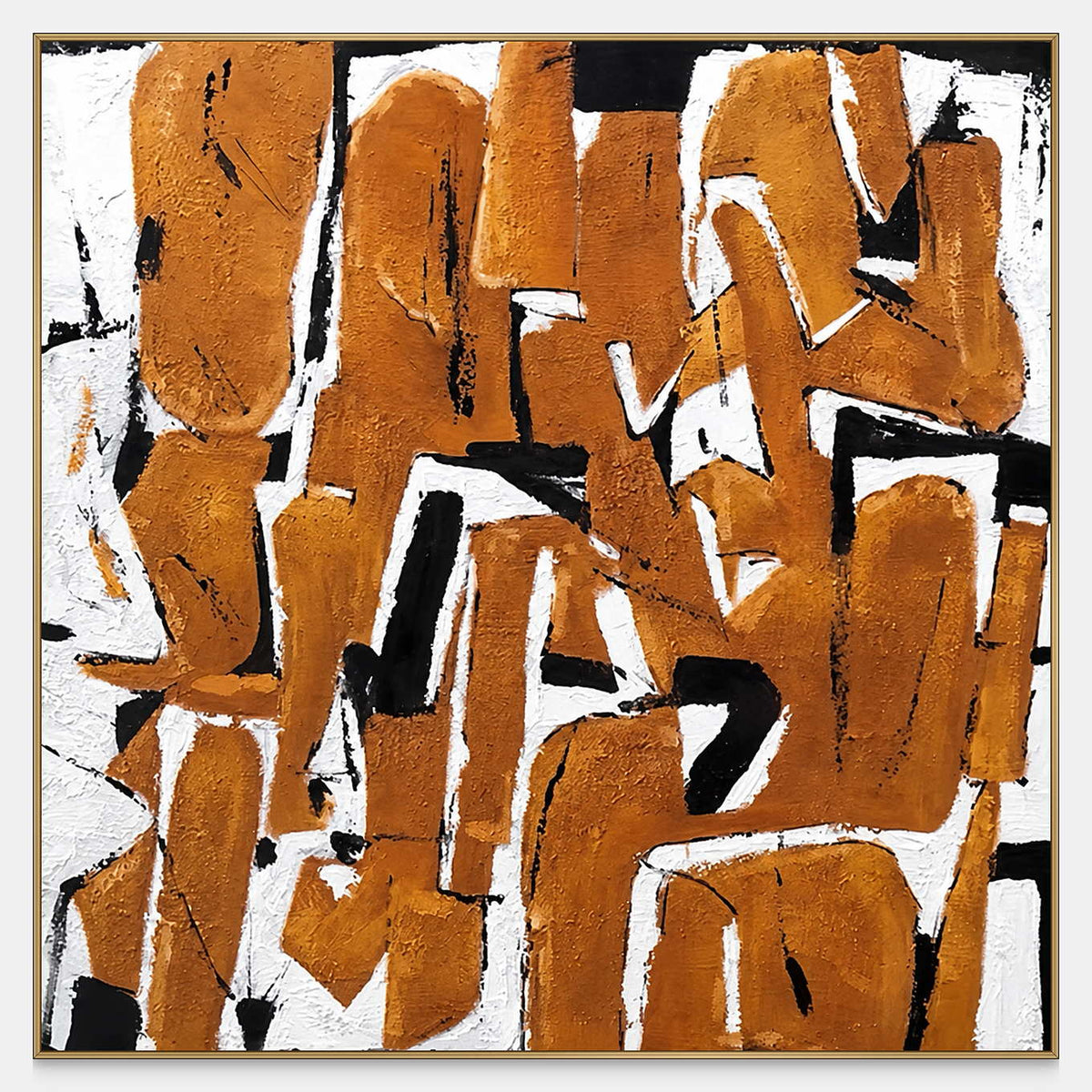 An Eager Embrace, a square abstract painting with thick ochre-orange strokes over a contrasting black and white ground.