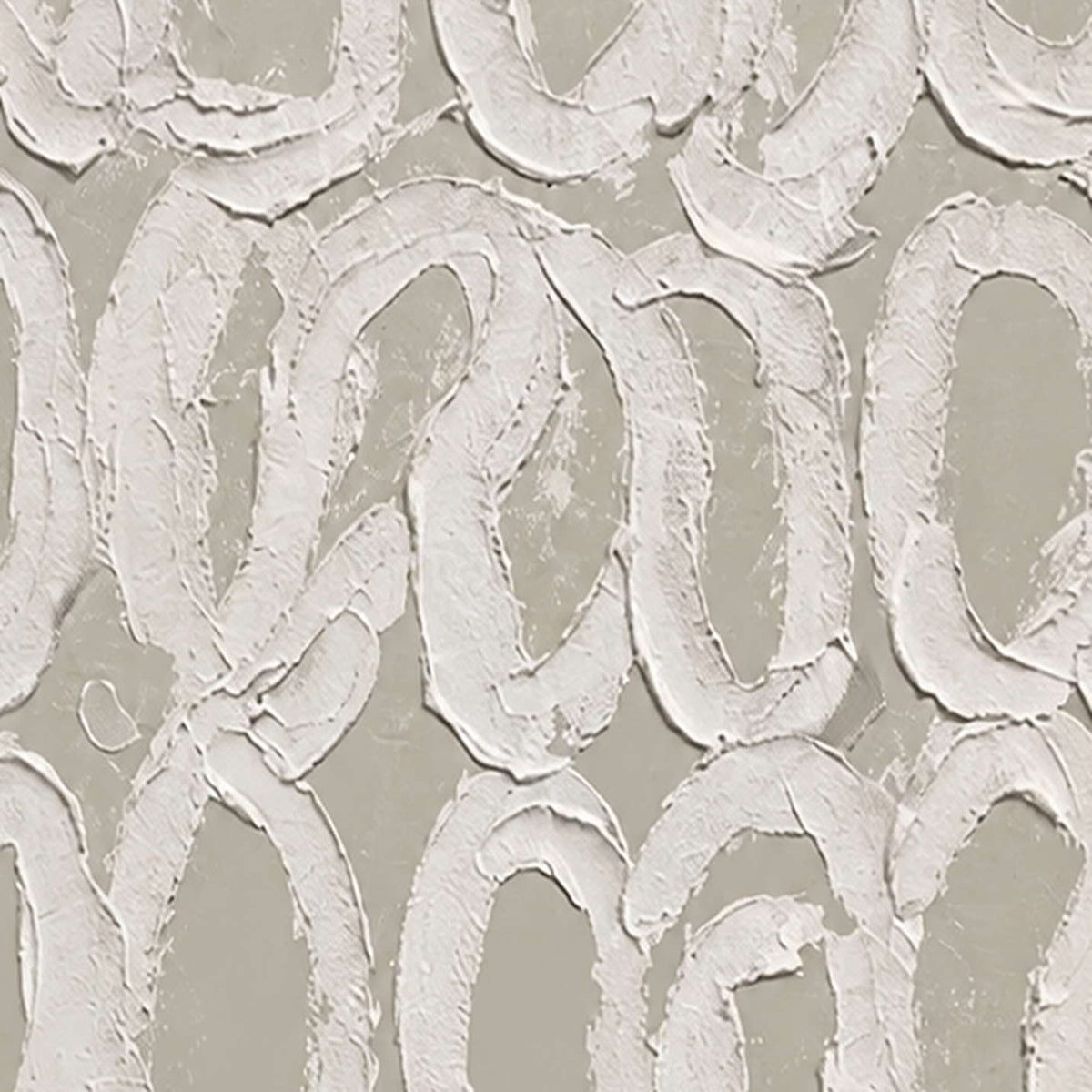 Close view of uneven raised white loops with ridged edges against warm gray paint.