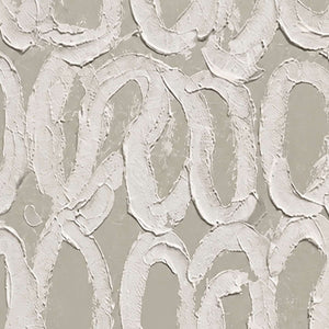 Close view of uneven raised white loops with ridged edges against warm gray paint.