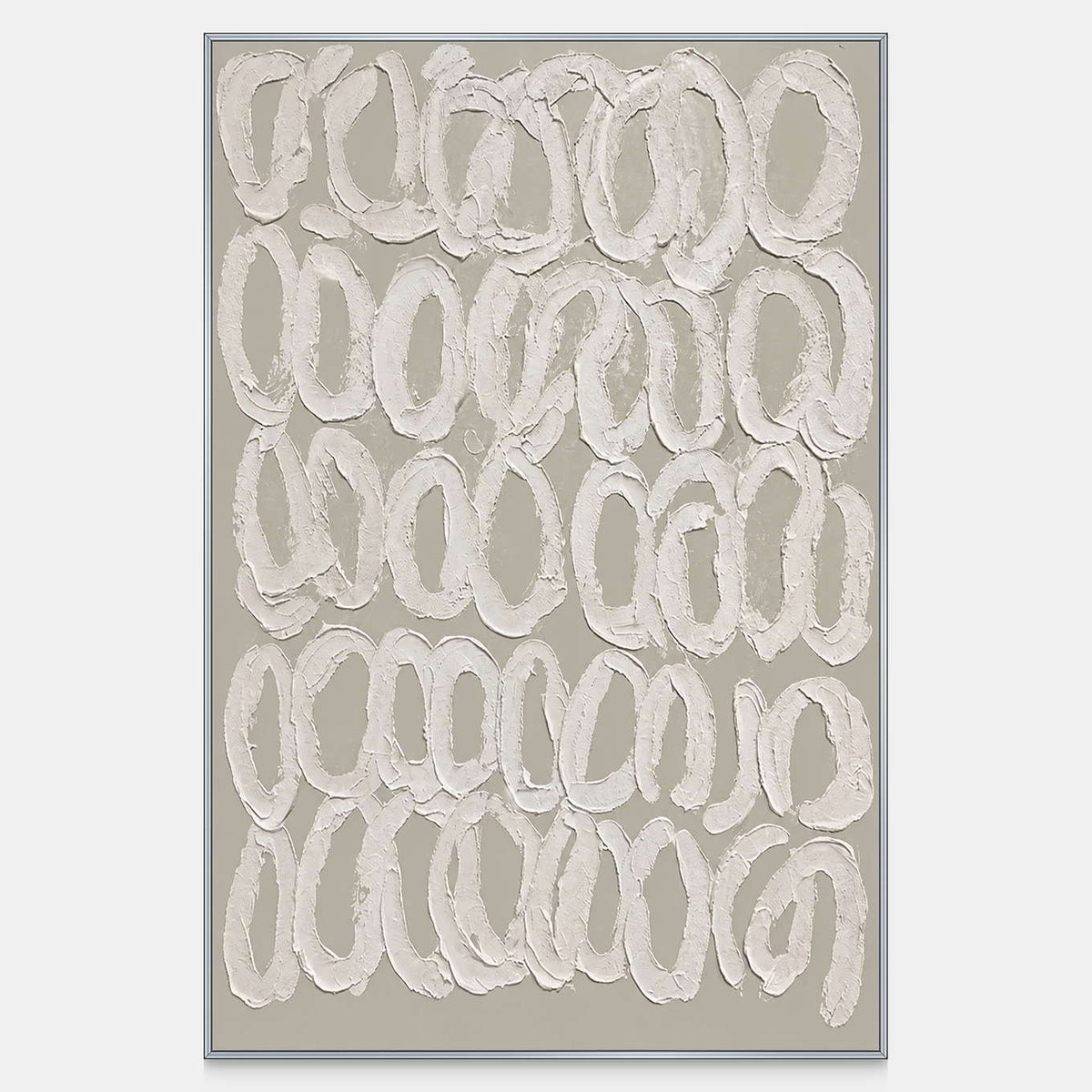 Vertical minimalist artwork with rows of raised white loops across a warm gray background.