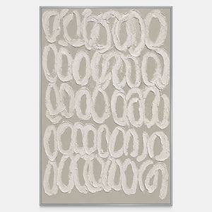 Vertical minimalist artwork with rows of raised white loops across a warm gray background.