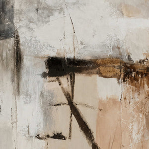 Close view of scraped cream layers, warm beige paint, and dark curved brush marks.