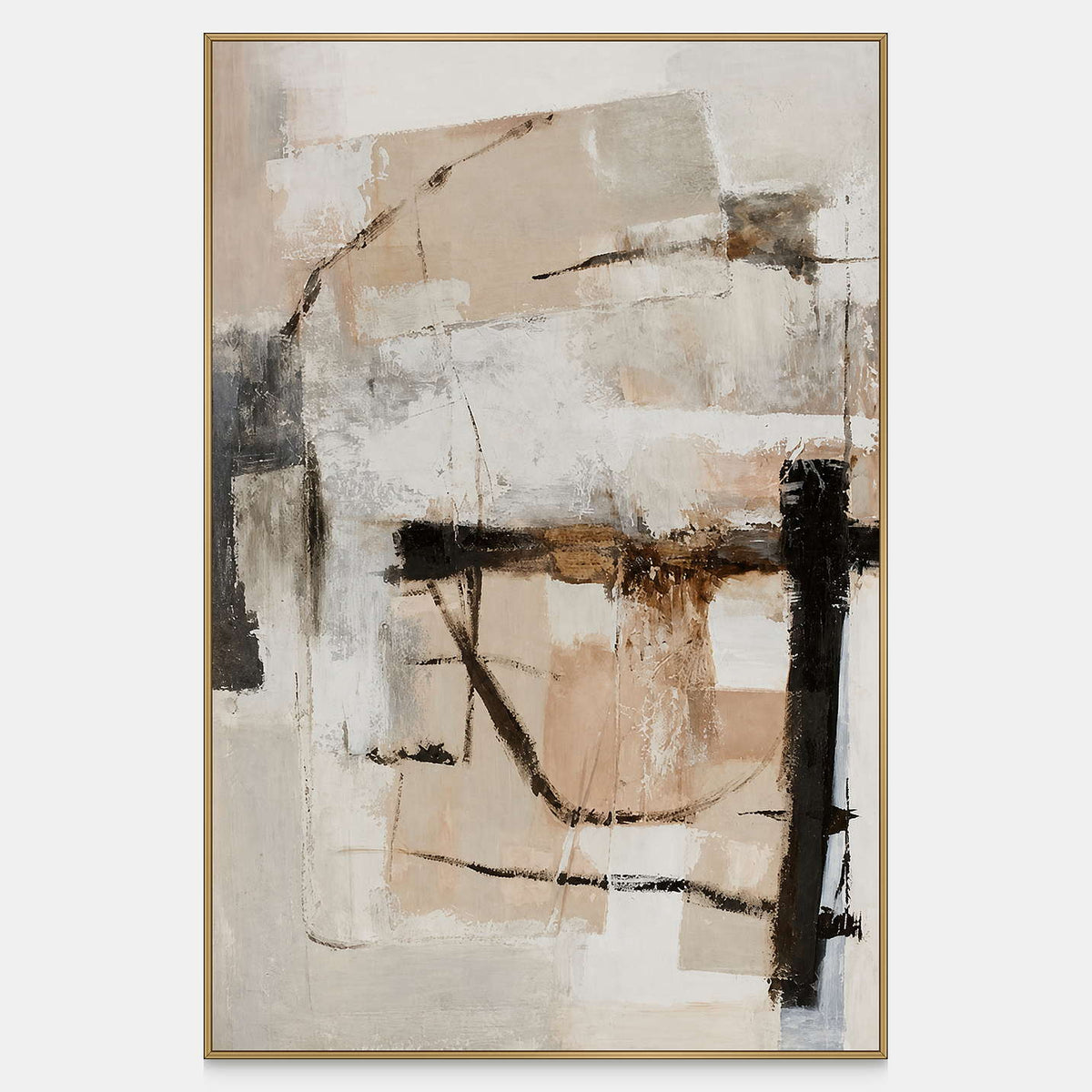 Vertical cream, beige, and gray abstract artwork with wandering dark lines and layered paint.
