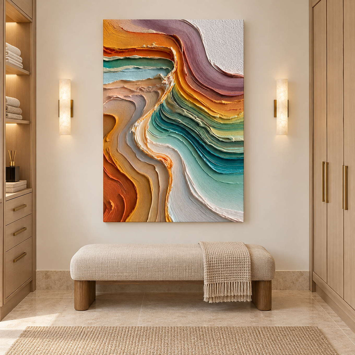 Vertical colorful artwork above a cream bench between paired wall sconces and wood cabinetry.