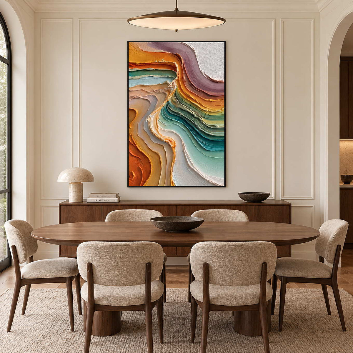 Orange and teal abstract painting above a wood sideboard behind an oval dining table.