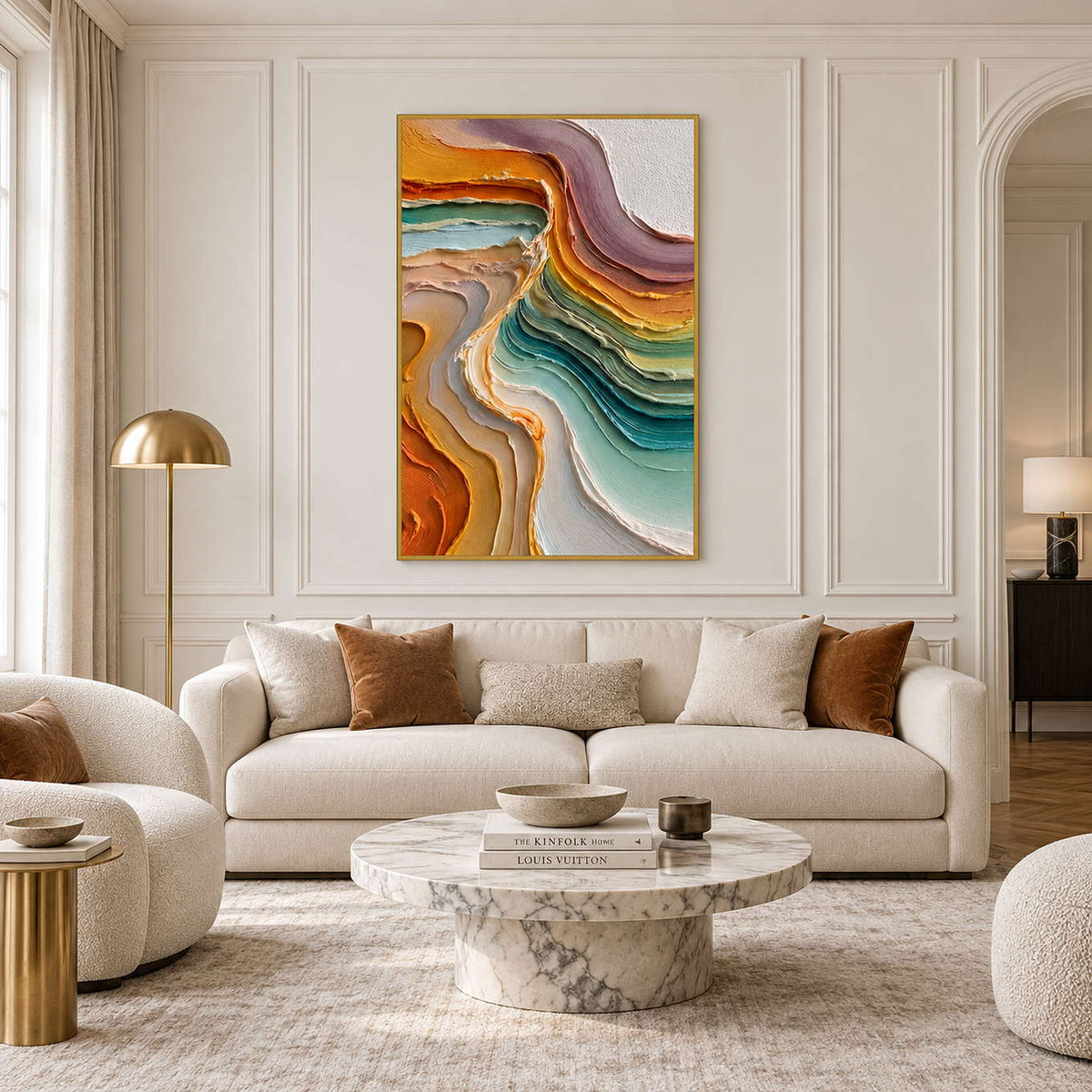 Tall flowing abstract above a cream sofa with ochre cushions and a pale round table.