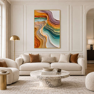 Tall flowing abstract above a cream sofa with ochre cushions and a pale round table.