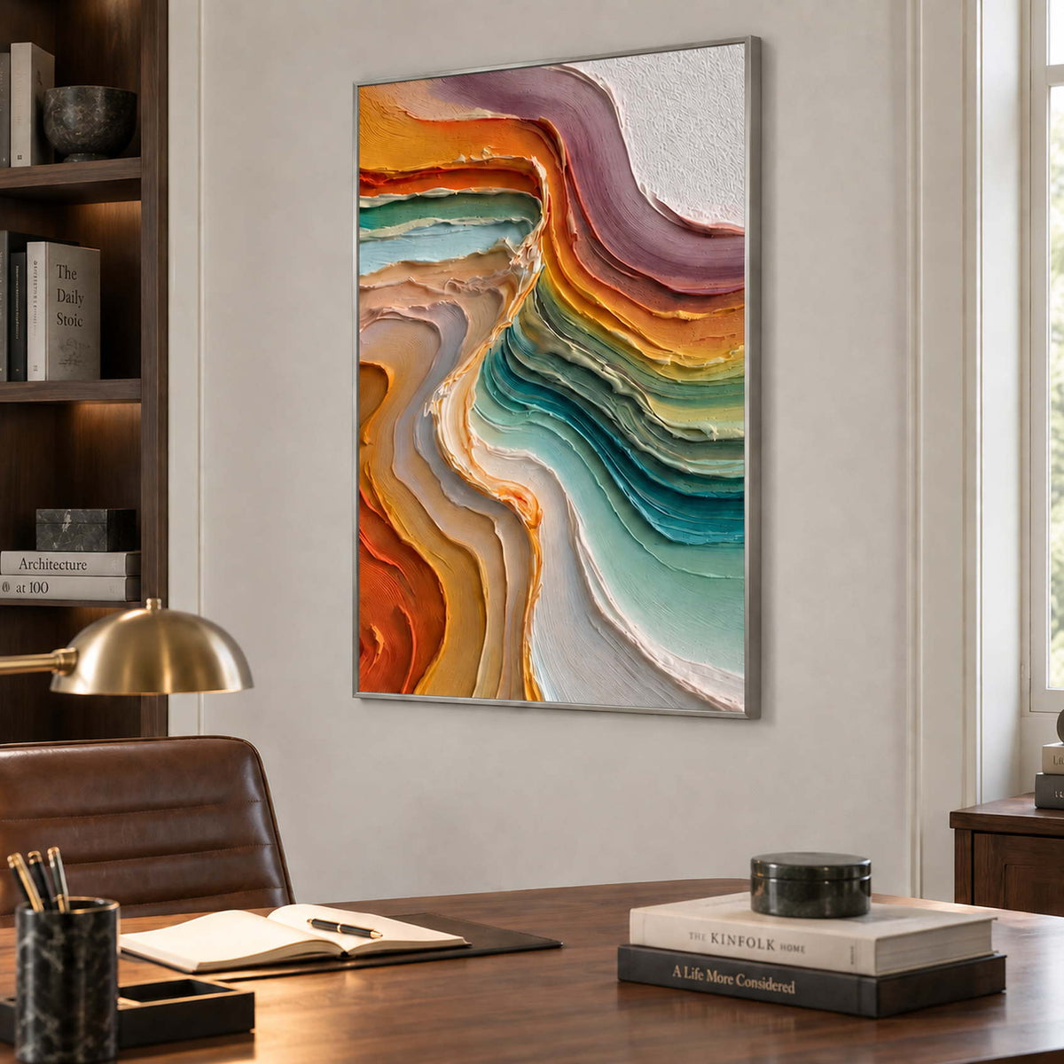 Orange and aqua abstract behind a wood desk beside bookshelves and a reading lamp.