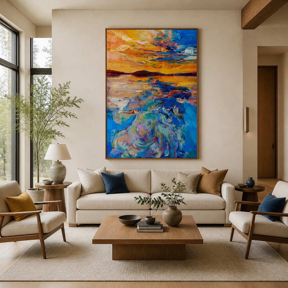Wood framed orange and blue coastal painting above a cream sofa with colorful cushions.