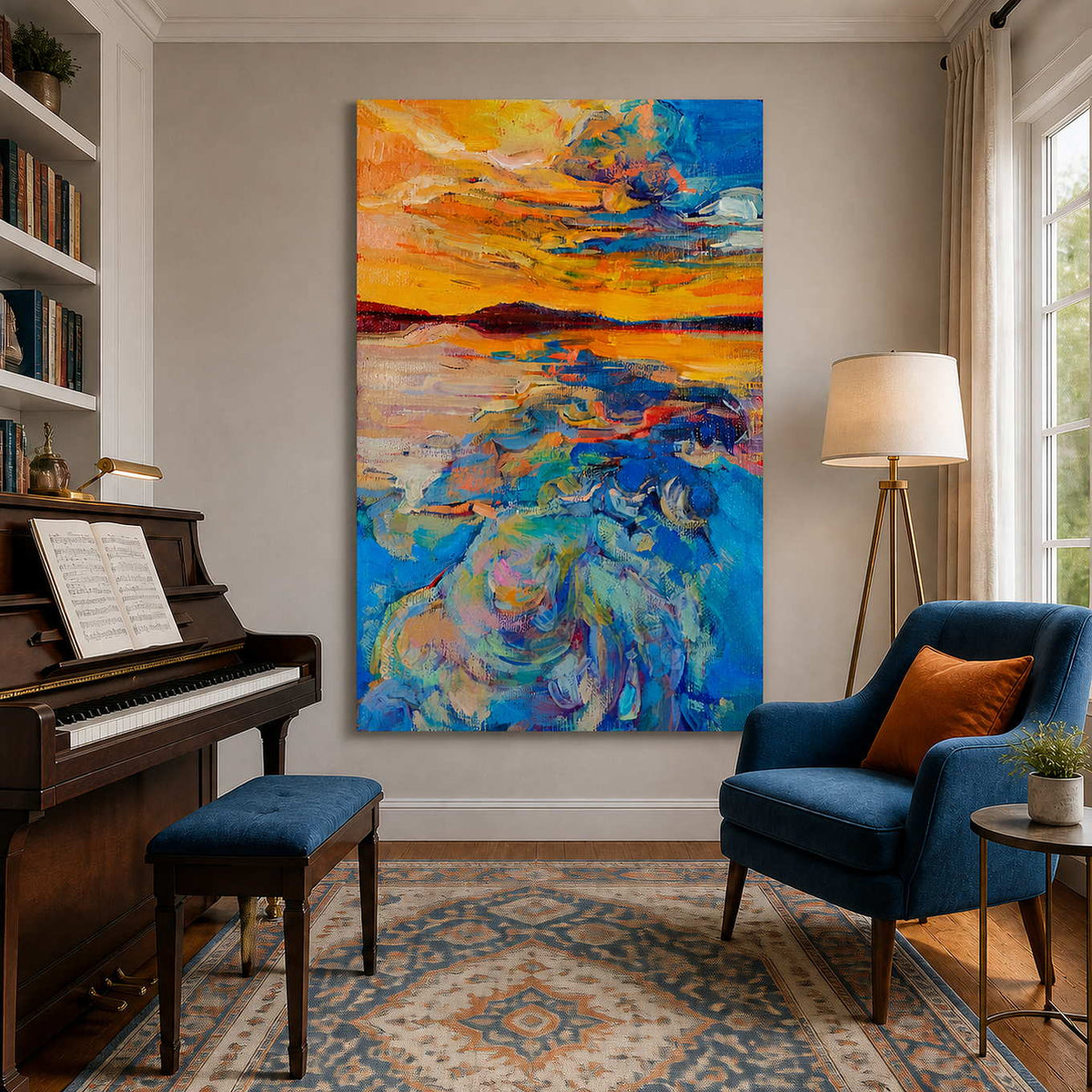Frameless coastal sunset painting beside a piano and navy armchair in a music room.