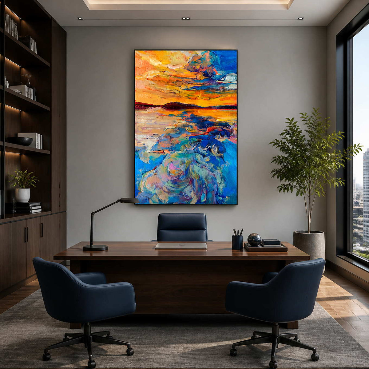 Black framed colorful coastal painting behind a wood office desk and navy chairs.