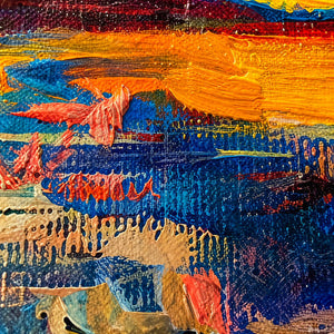Close view of raised orange paint and scraped blue layers across coarse canvas.