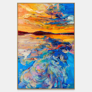 Orange sunset sky meets a dark distant shoreline above vivid blue swirling water.
