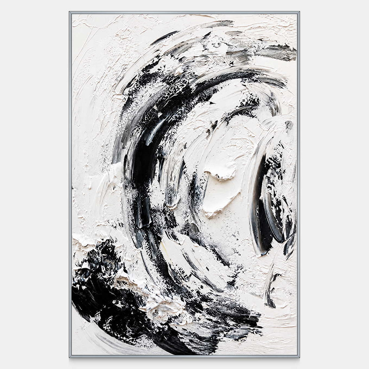 Vertical black and white abstract painting with curling strokes and thick raised paint.