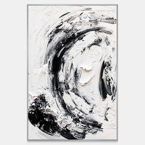 Vertical black and white abstract painting with curling strokes and thick raised paint.