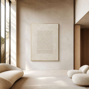Minimalist ivory textured wall art displayed in a double-height living room.