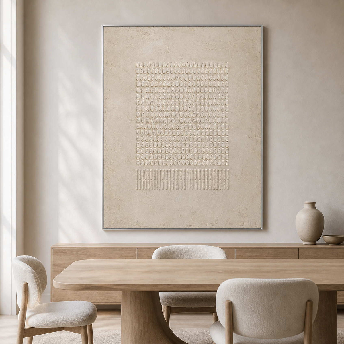 Neutral relief artwork displayed in a light oak dining room.