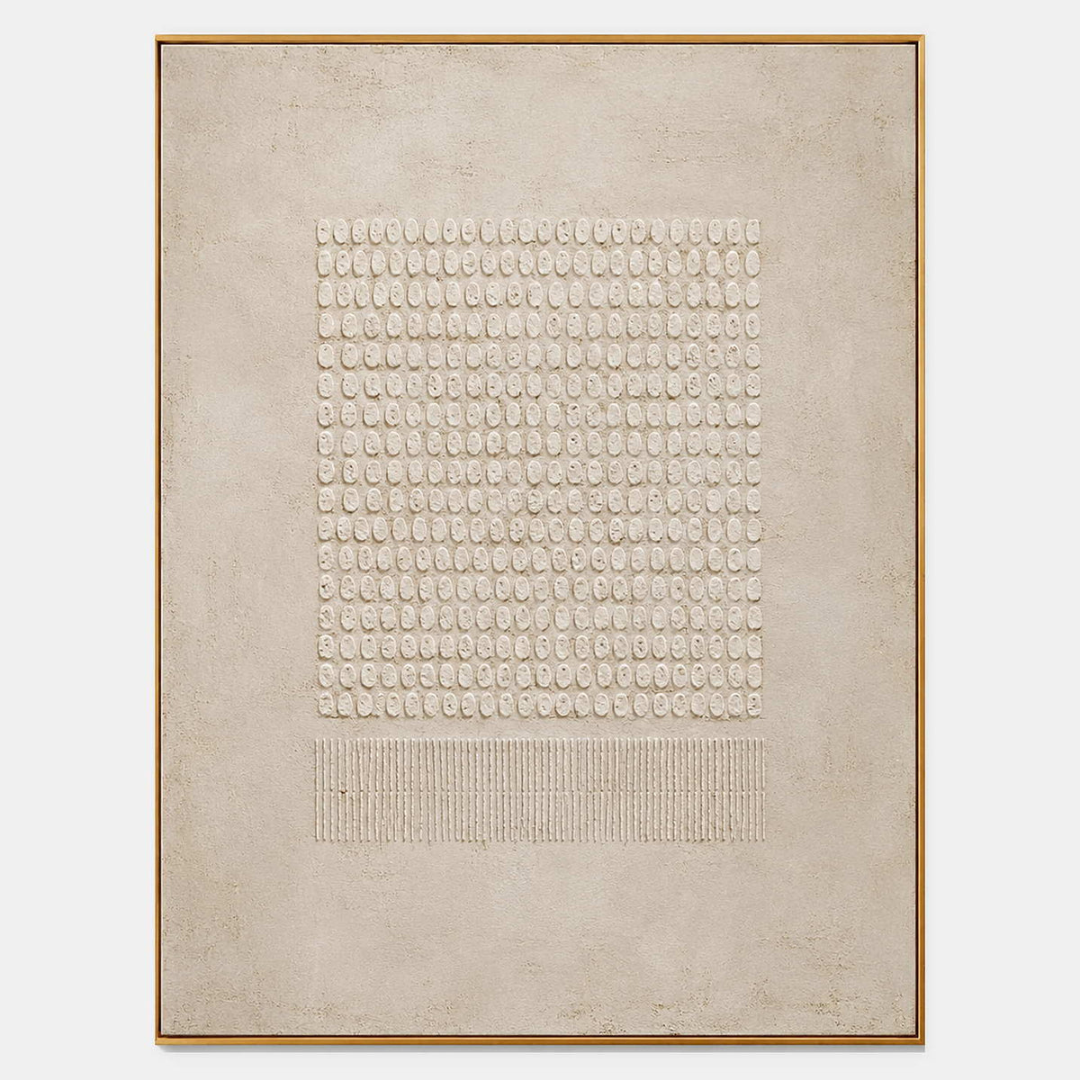 Ivory relief grid of hand-built oval marks above finely combed vertical lines.