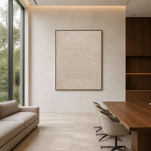 Neutral minimalist wall art displayed in a modern office lounge.