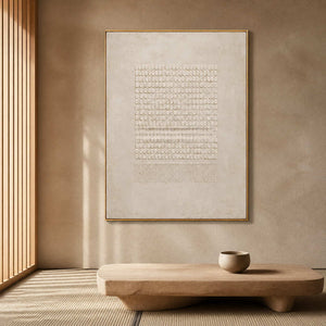 Textured ivory grid artwork displayed in a wabi-sabi tea room.