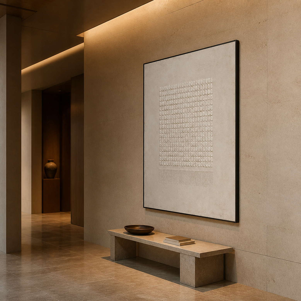 Minimalist textured art displayed in a warm stone hotel corridor.