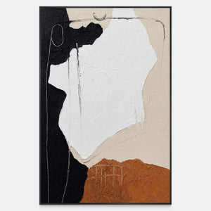 Vertical abstract wall art with a white center, black edge, and earthy orange base.