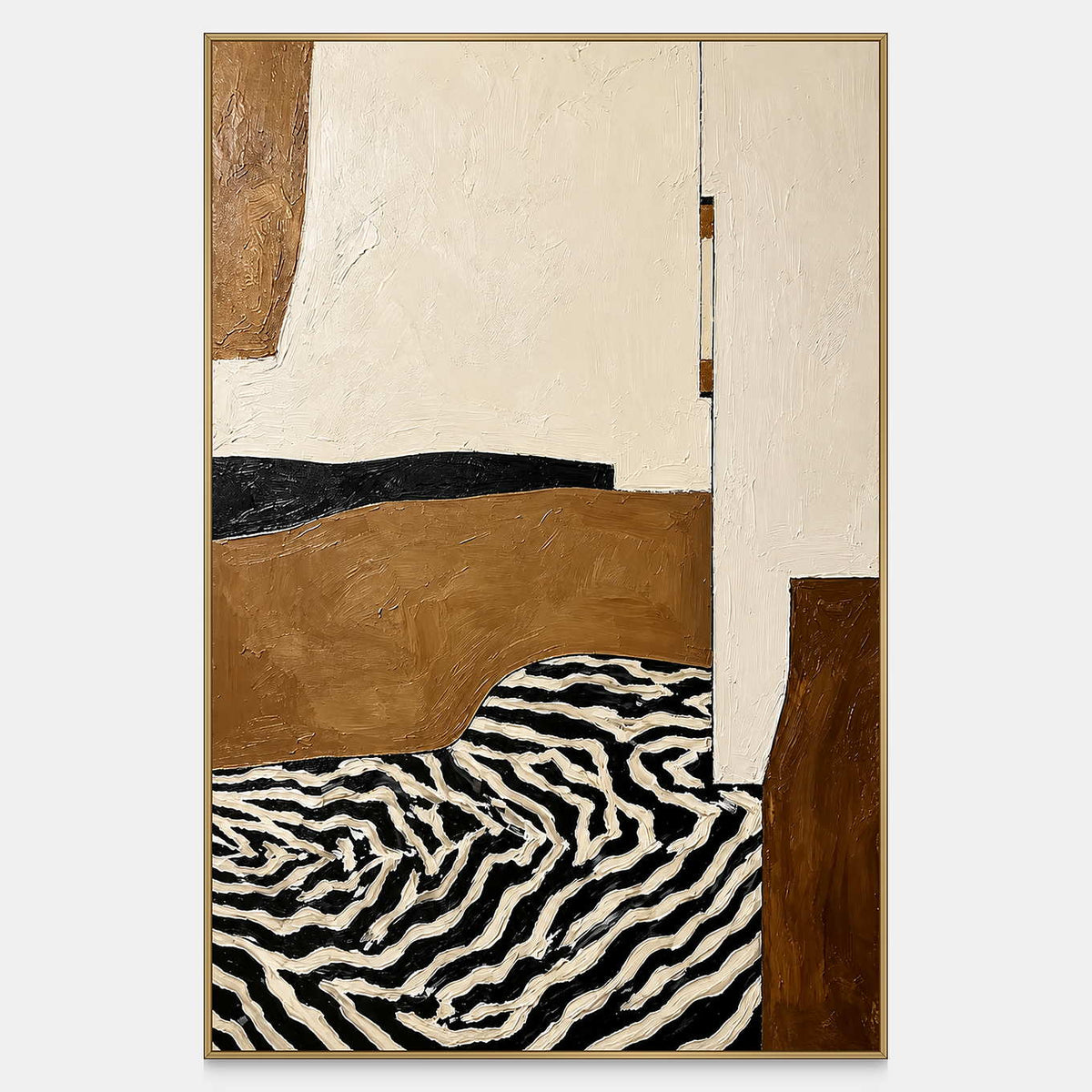 Vertical abstract painting with cream and brown shapes above dense black-and-white wavy stripes.