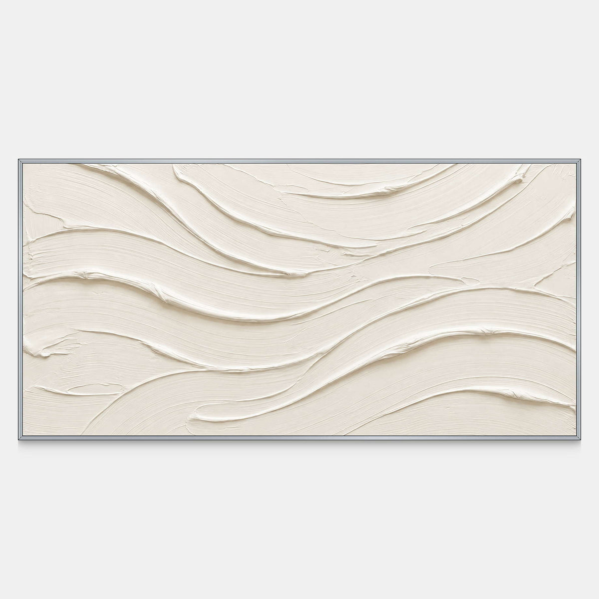 Front view of An Unhurried Flow, a panoramic cream abstract painting with long raised curves and fine parallel grooves.