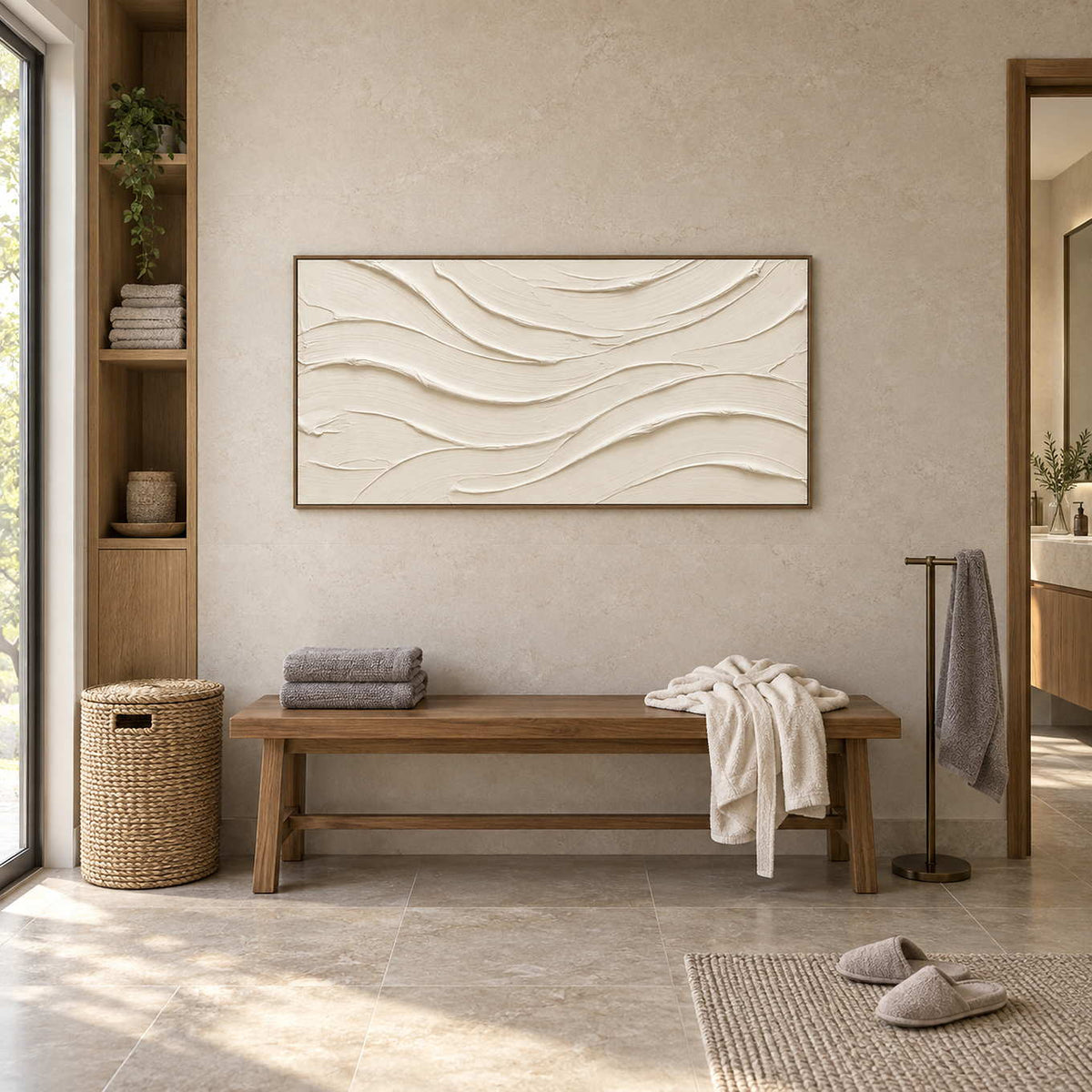 An Unhurried Flow in a wood frame above a bench with folded towels in a warm beige bathroom dry area.