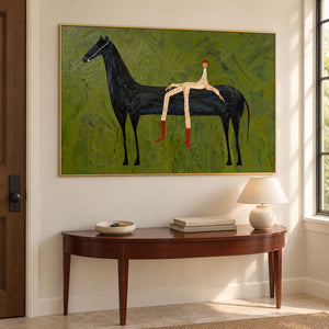 Green horse artwork above a curved wooden console by the door.