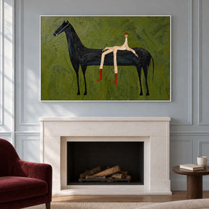 White-framed equestrian painting over a fireplace on a blue wall.