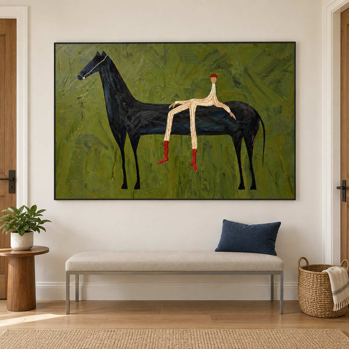 Black-framed horse artwork above a cream entry bench.