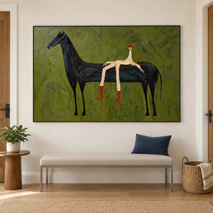 Black-framed horse artwork above a cream entry bench.