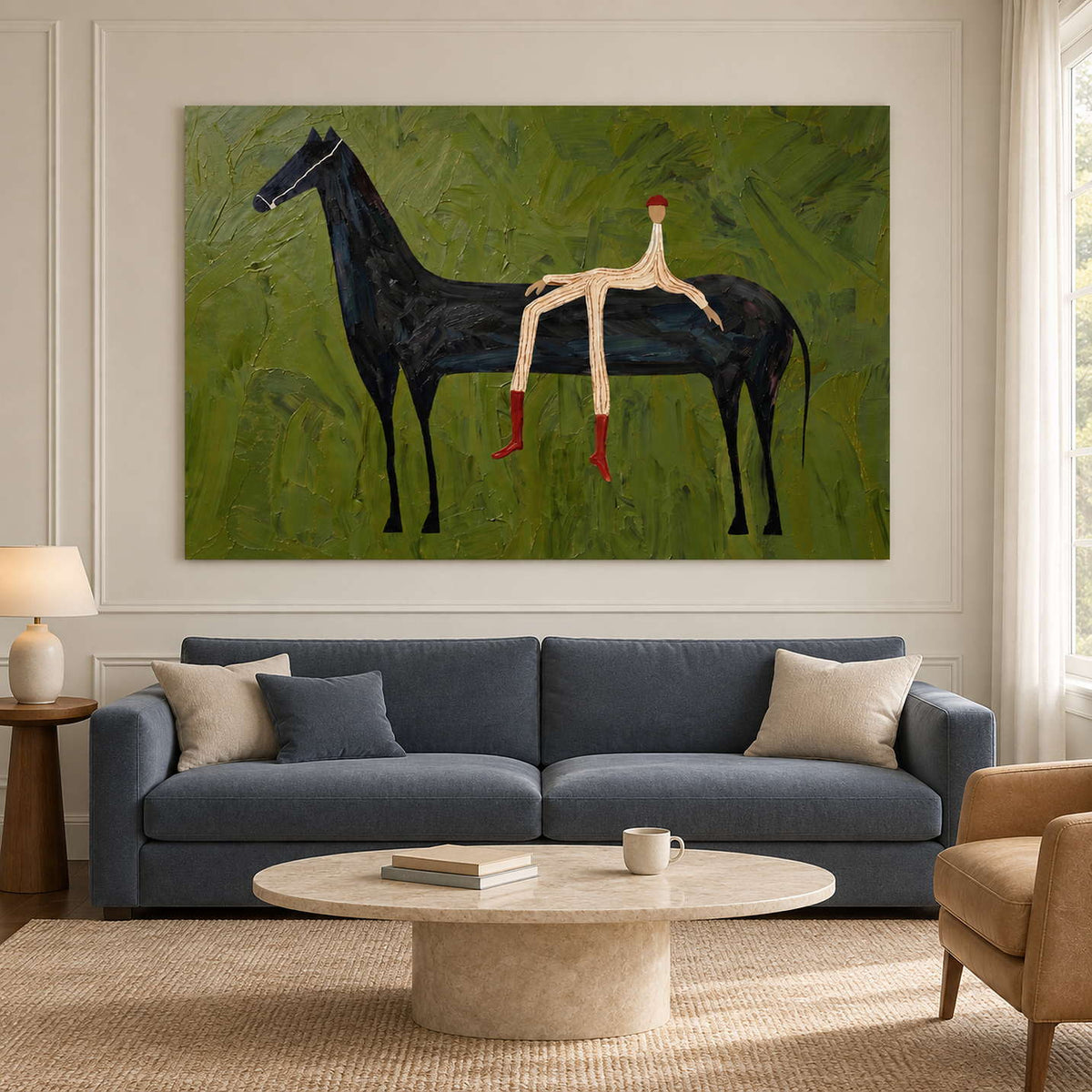 Green horse artwork above a blue sofa and pale round table.