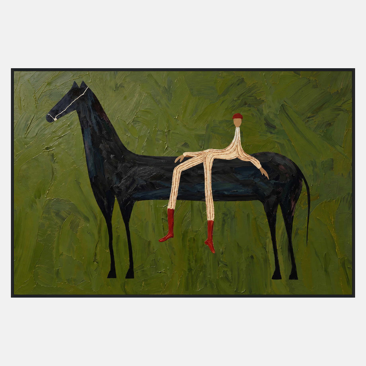 Long black horse facing left with a relaxed striped rider, red cap, and red boots against textured green.