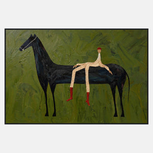 Long black horse facing left with a relaxed striped rider, red cap, and red boots against textured green.