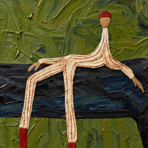 Close-up of striped limbs and red cap against the black horse and green brush marks.