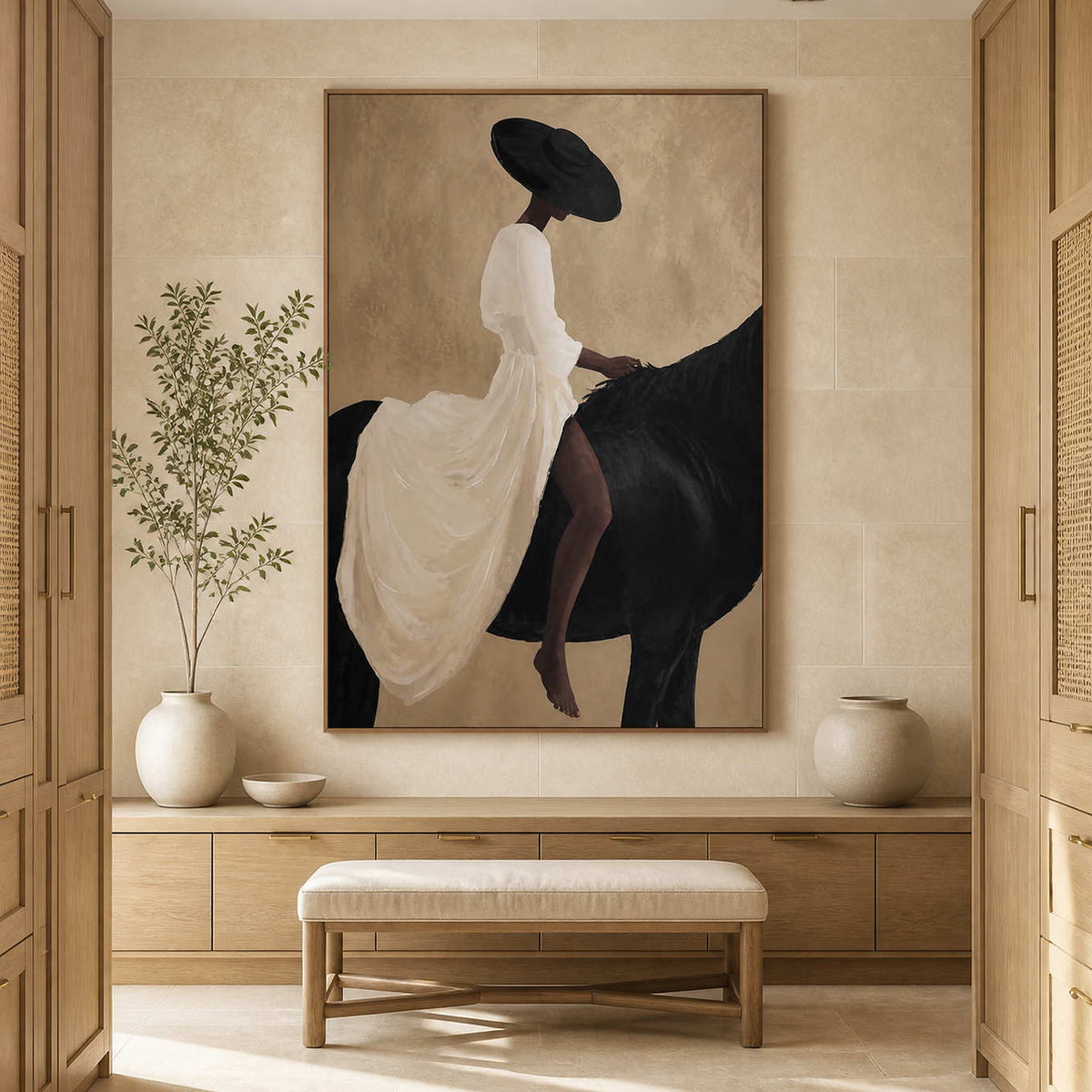 Wood framed equestrian painting above cabinetry in a warm bathroom dressing area.