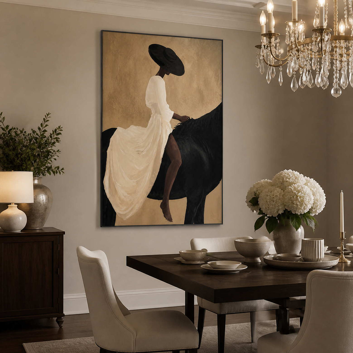 Black framed equestrian painting beside white flowers in an elegant dining room.