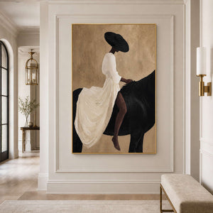 Gold framed woman and horse painting on a paneled hallway wall.