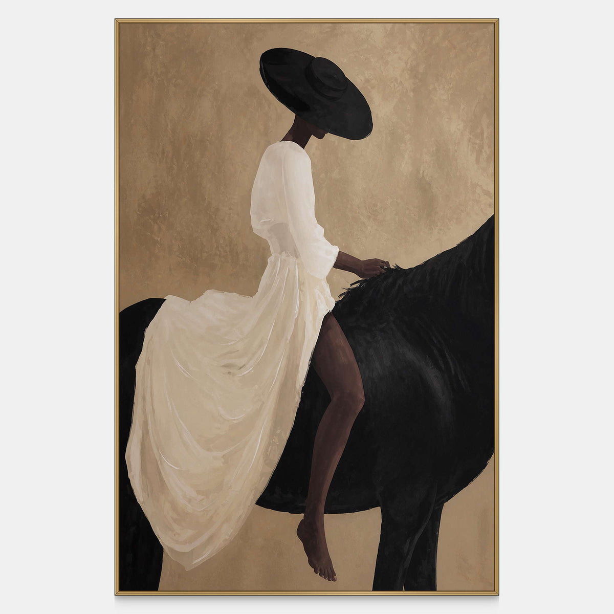 Woman in a white dress seated on a dark horse against tan.