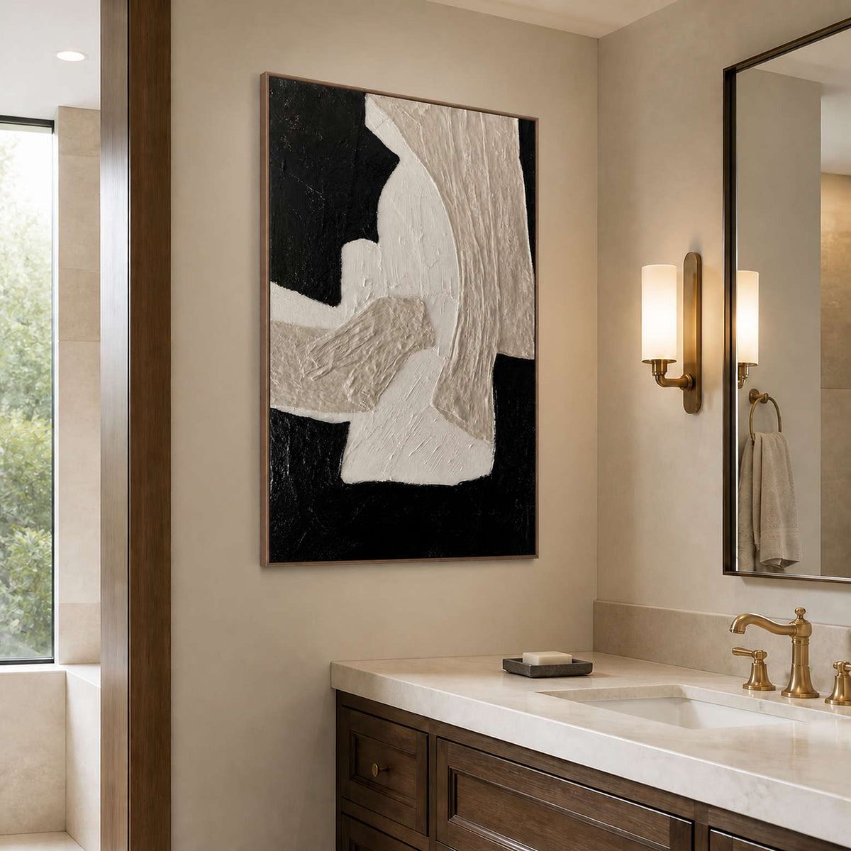 Wood framed textured abstract curves beside a stone bathroom vanity and mirror.