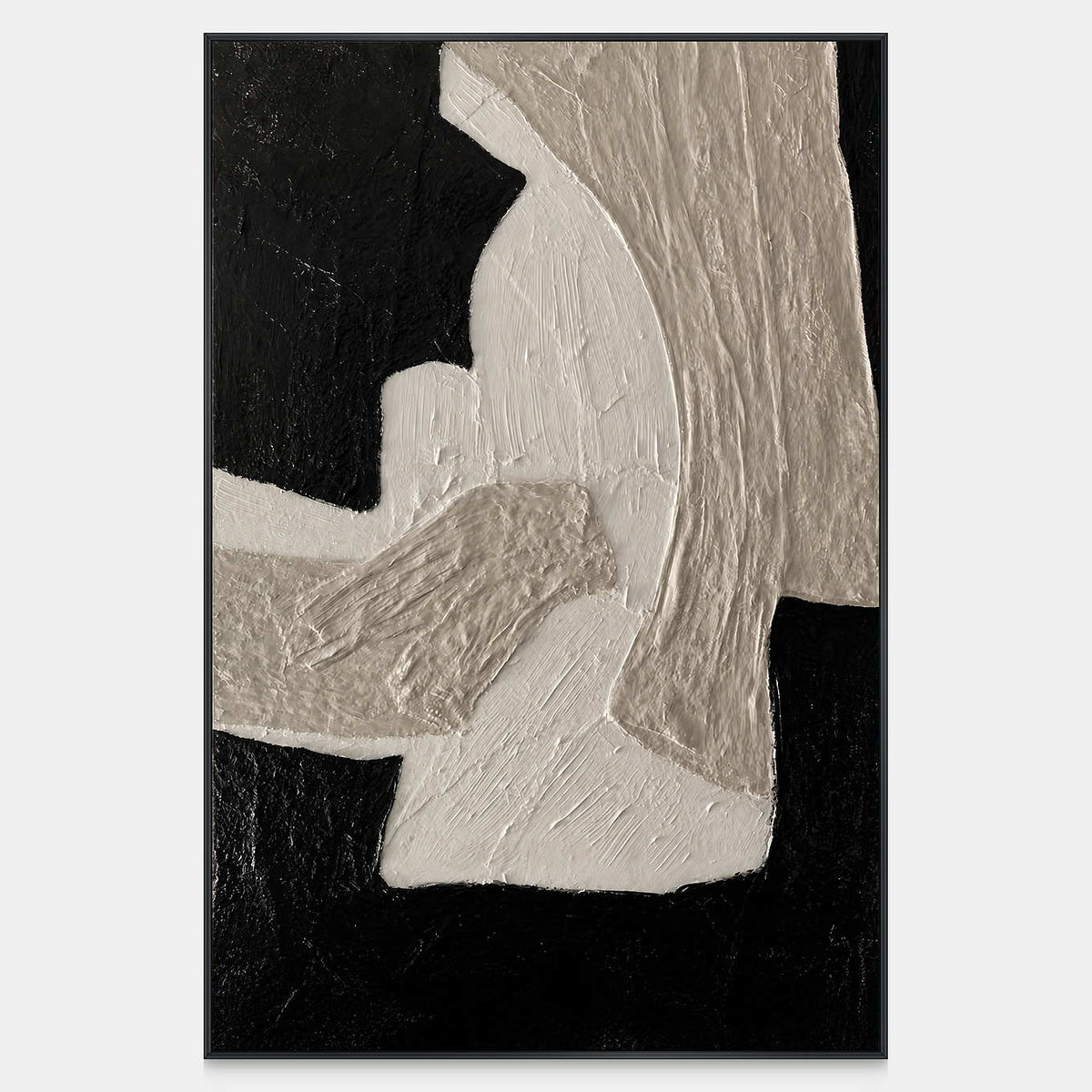 Vertical abstract painting with overlapping white and warm gray curves against black.