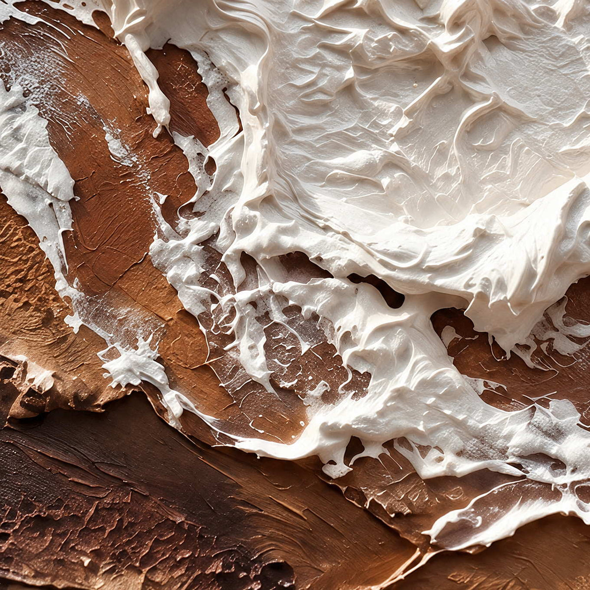Close-up of At Ease showing curled white impasto, small broken surface textures and deep brown layers beneath.