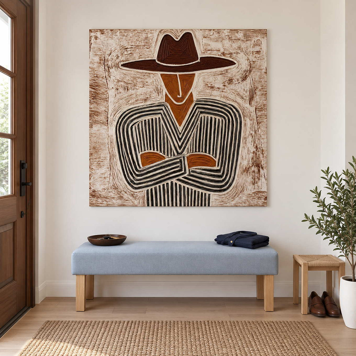 Brown and cream portrait above a light blue entryway bench near a leafy plant.